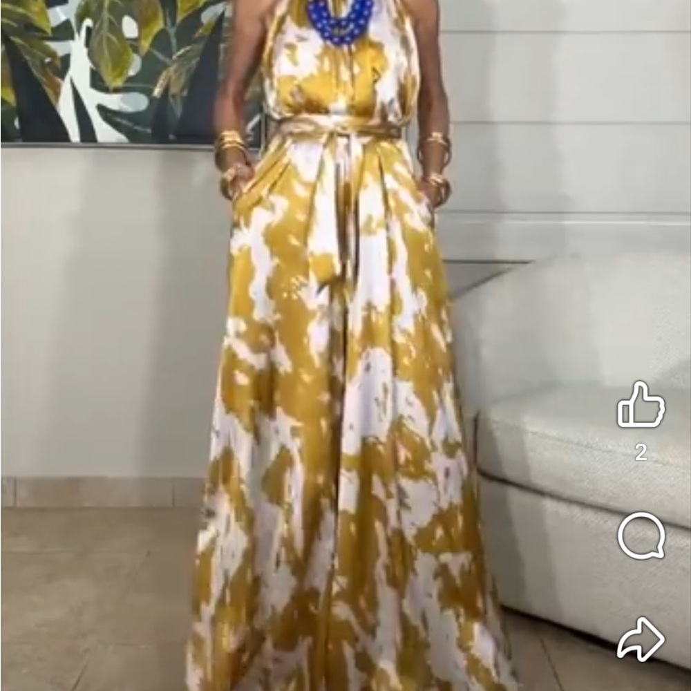 Sexy Sleeveless Holter  Silk Halter Jumpsuit in Mustard and White Size S